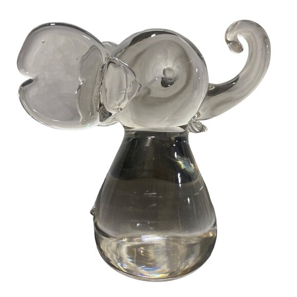 Art Glass HANDBLOWN Clear Glass Elephant Lucky Trunk up 5” Tall - Picture 1 of 9